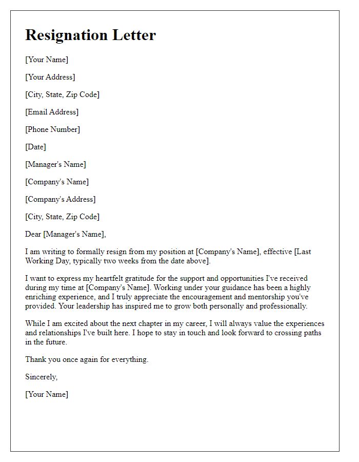 Letter template of resignation expressing gratitude for support.