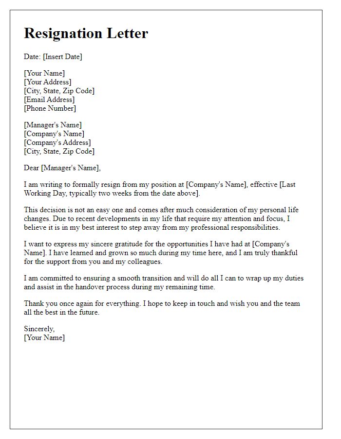 Letter template of resignation addressing personal life changes