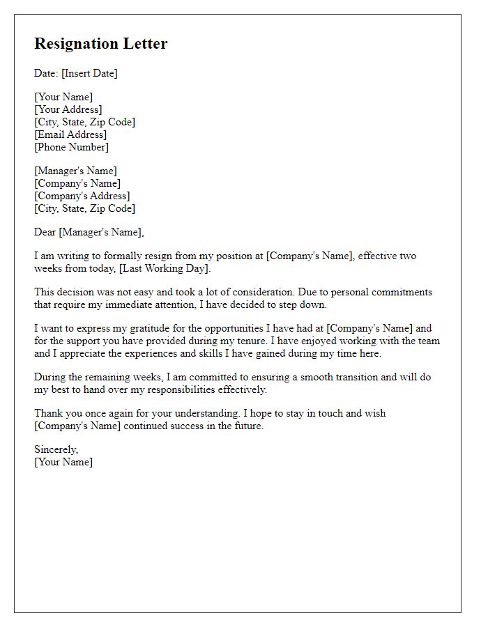 Letter template of resignation because of personal commitments