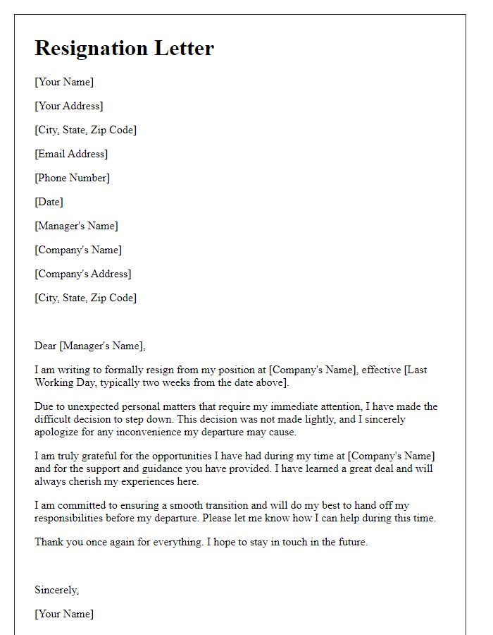 Letter template of resignation due to unexpected personal matters