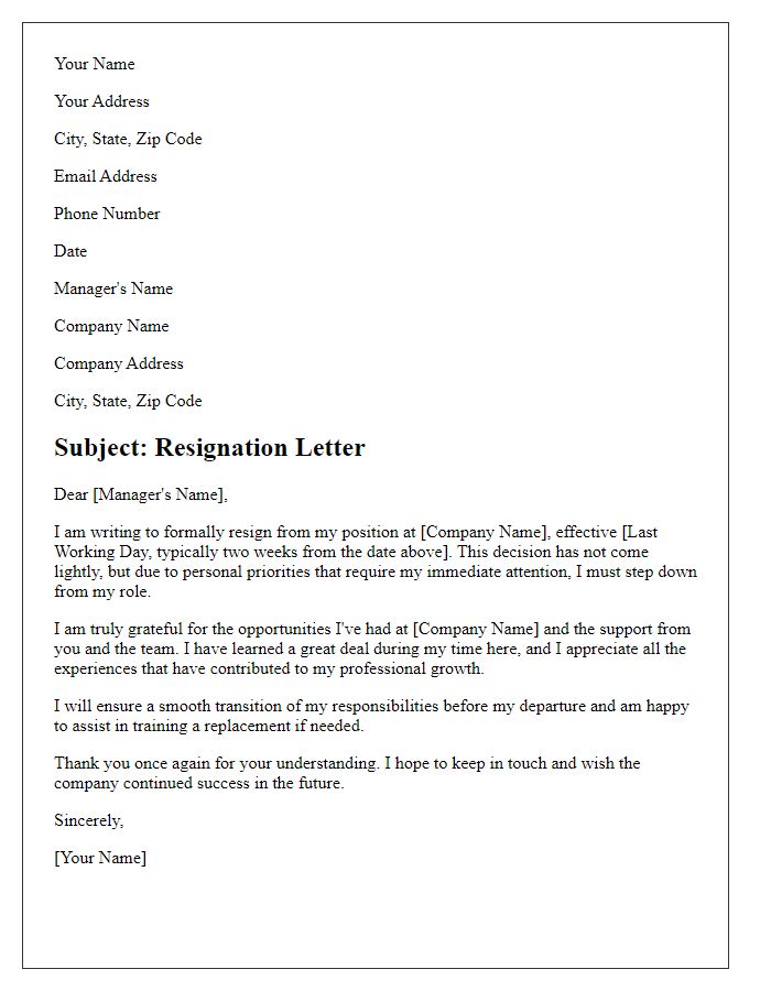 Letter template of resignation from a position for personal priorities