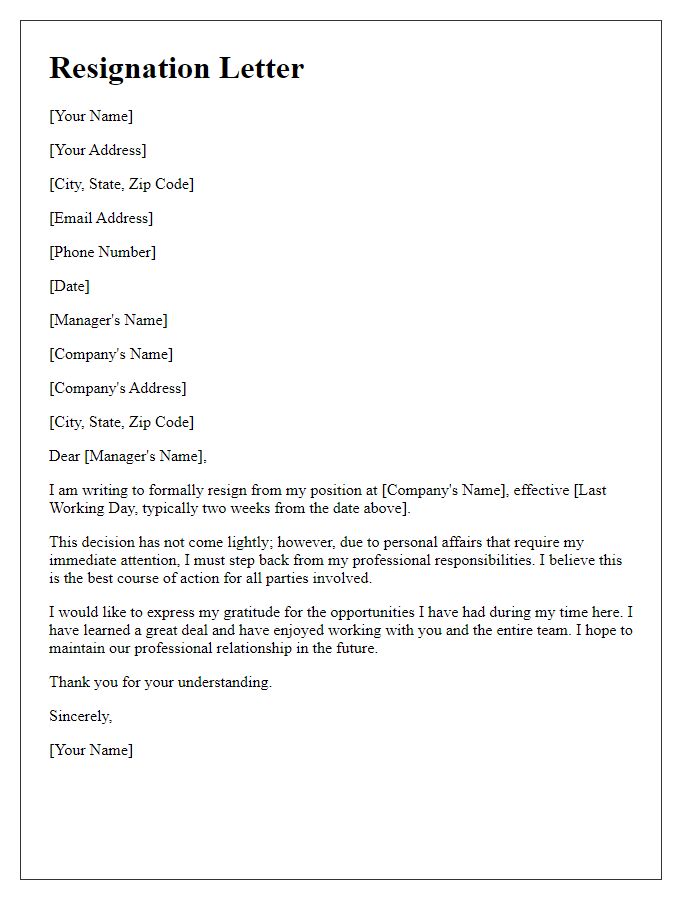 Letter template of resignation influenced by personal affairs