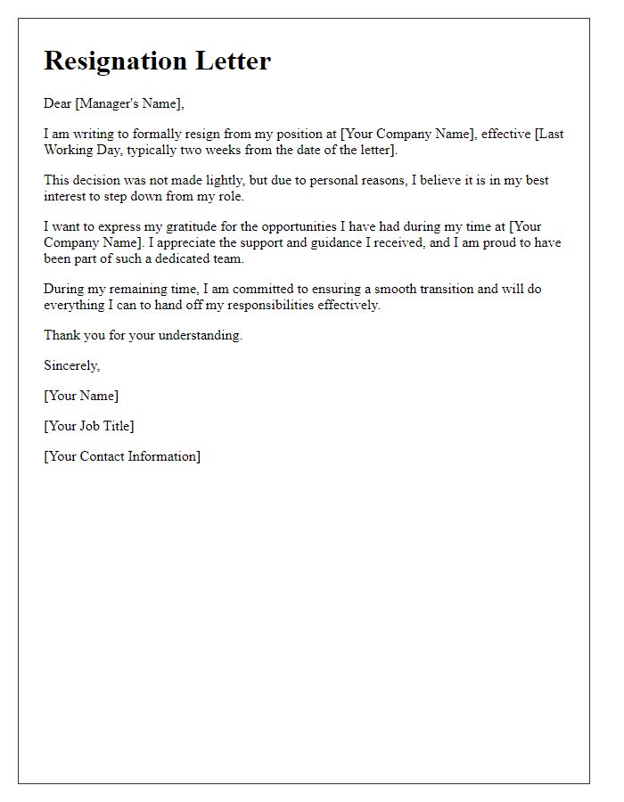 Letter template of resignation for personal reasons