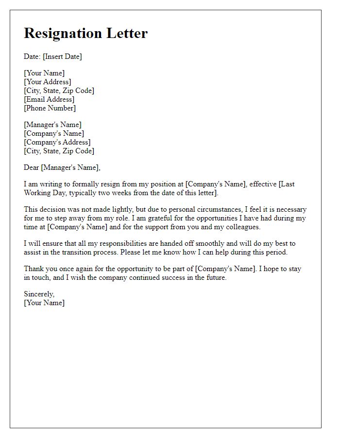 Letter template of resignation related to personal circumstances