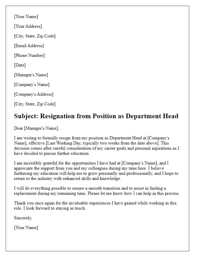 Letter template of resignation as department head to pursue further education.