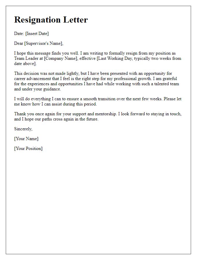 Letter template of resignation as a team leader for career advancement.