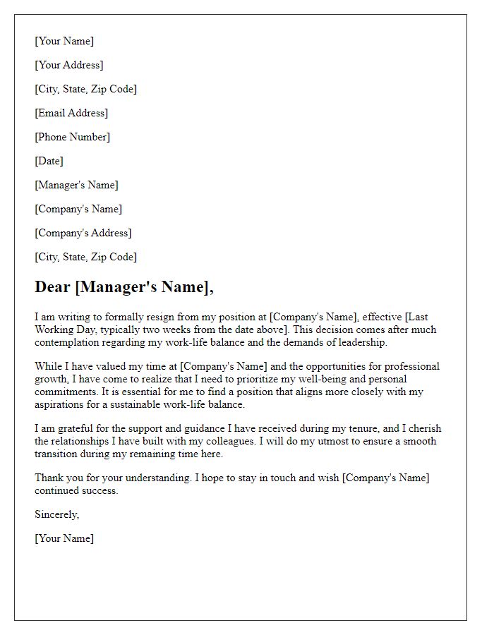 Letter template of resignation citing a desire for work-life balance in leadership.