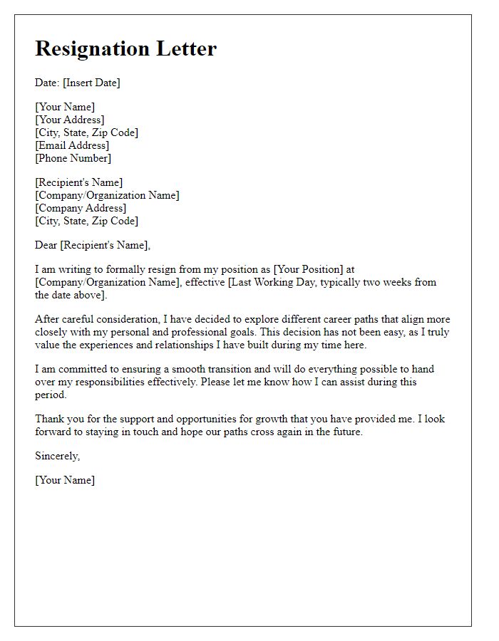 Letter template of resignation from a leadership position to explore different career paths.