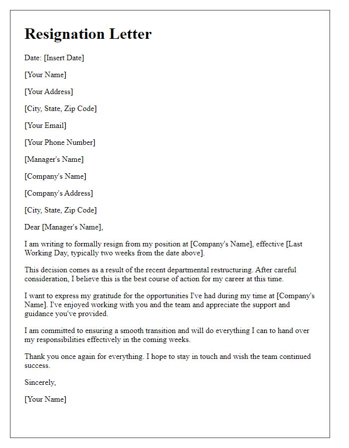 Letter template of resignation due to departmental restructuring