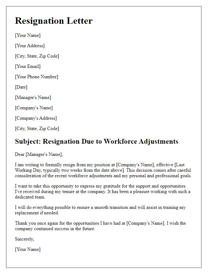 Letter template of resignation following workforce adjustments