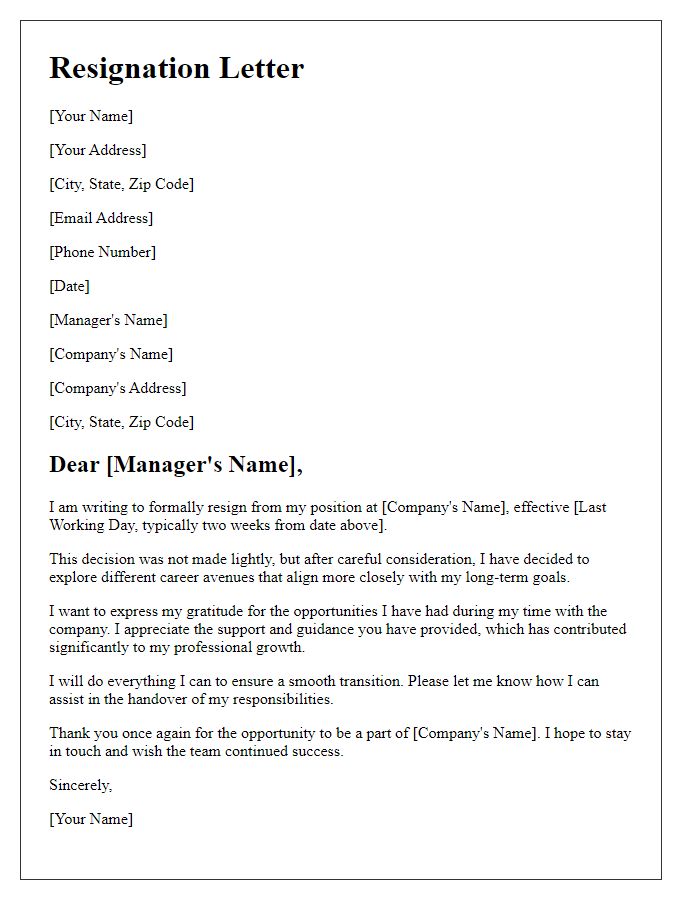 Letter template of resignation for exploring different career avenues.