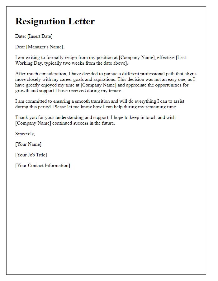 Letter template of resignation for switching professional paths.