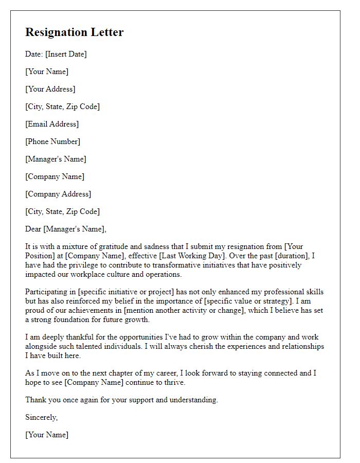 Letter template of resignation highlighting transformative initiatives in the workplace.