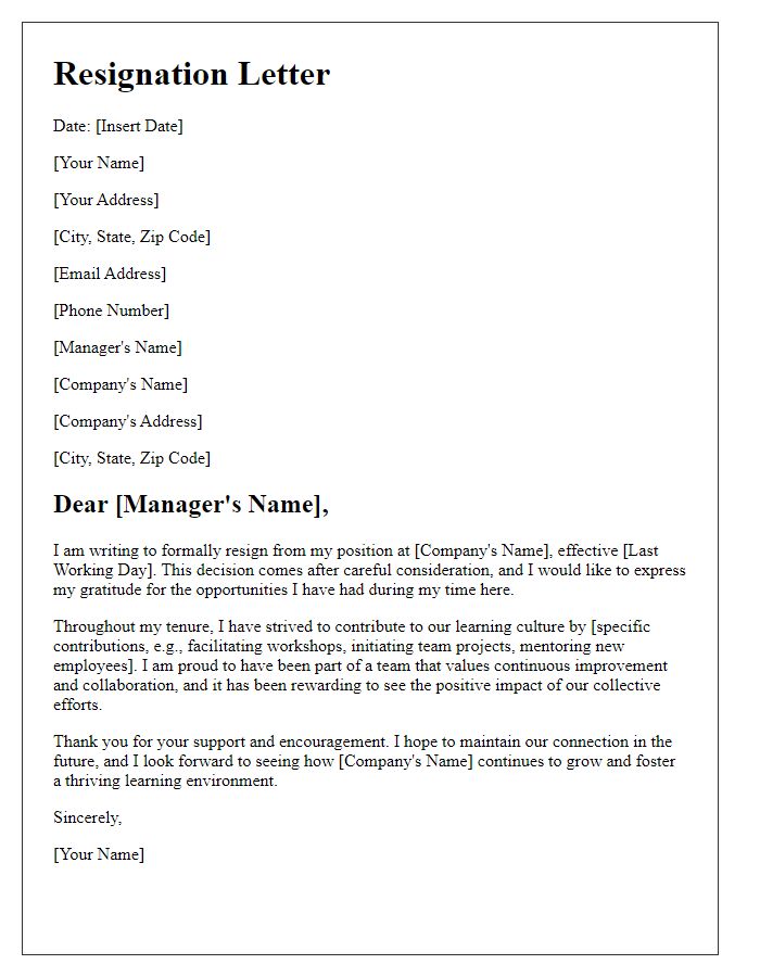 Letter template of resignation showcasing contributions to a learning culture.