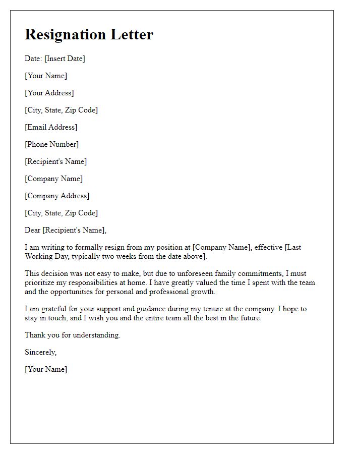 Letter template of resignation motivated by family commitments