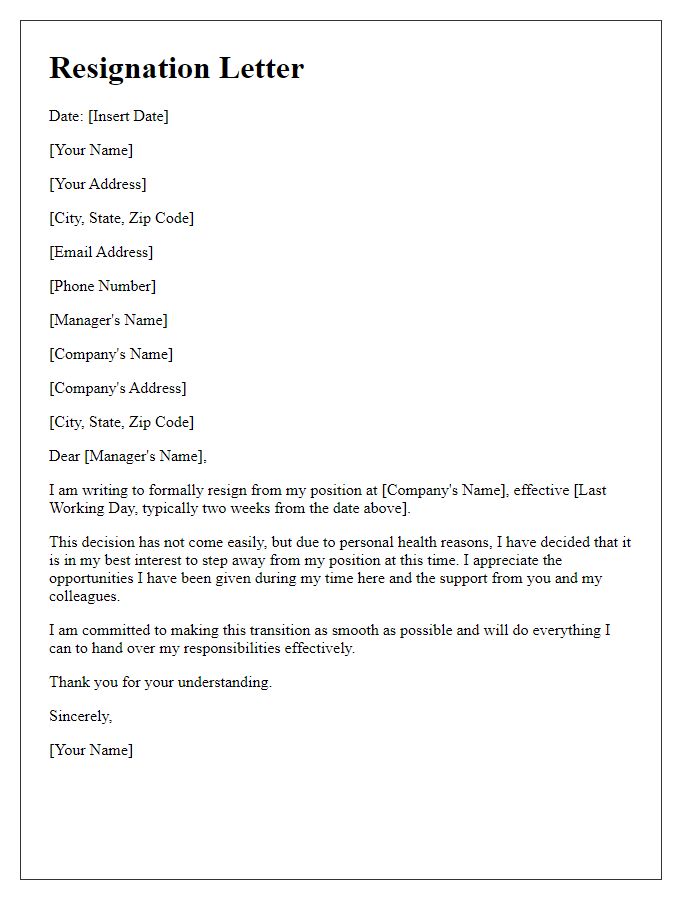 Letter template of resignation for personal health reasons