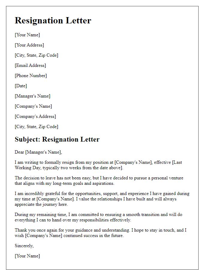 Letter template of resignation to start a personal venture