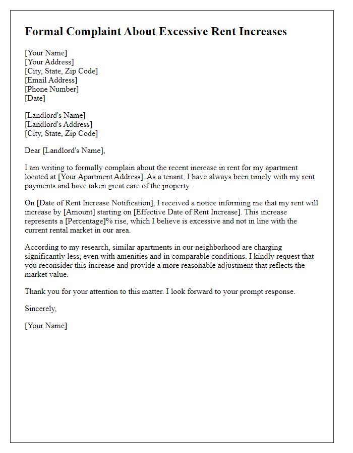 Letter template of formal complaint about excessive rent increases by landlord