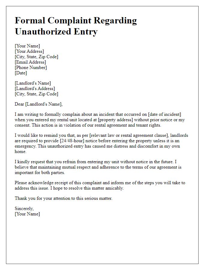 Letter template of formal complaint about unauthorized entry by landlord