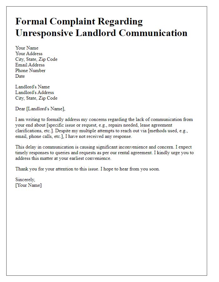 Letter template of formal complaint about unresponsive landlord communication