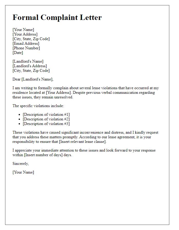 Letter template of formal complaint concerning landlord's lease violations