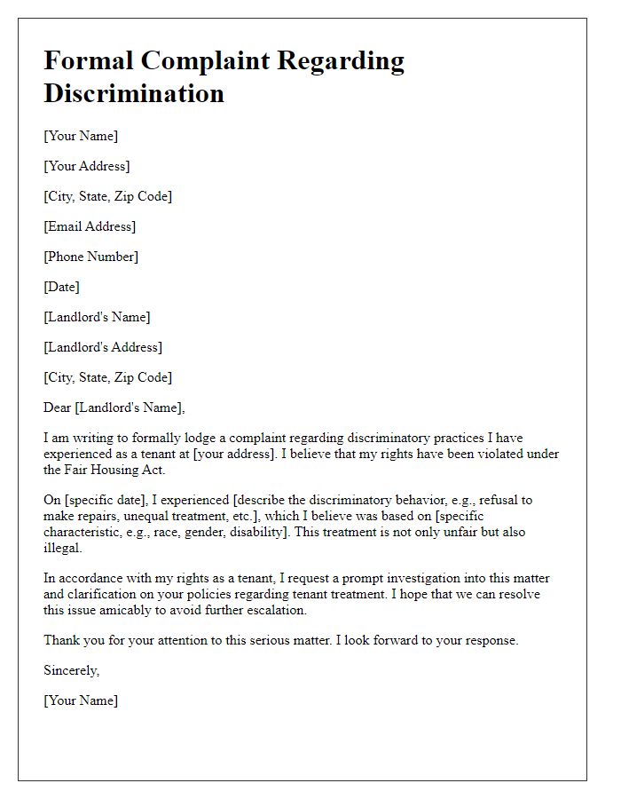 Letter template of formal complaint regarding discrimination by landlord