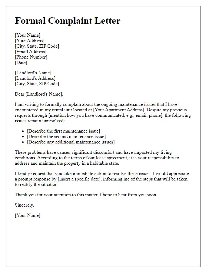 Letter template of formal complaint regarding landlord's maintenance negligence