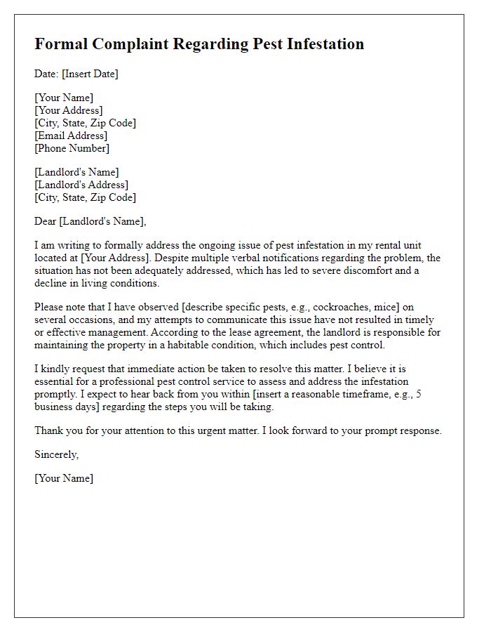 Letter template of formal complaint regarding pest infestation managed poorly by landlord