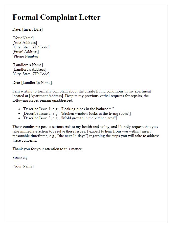 Letter template of formal complaint regarding unsafe living conditions by landlord