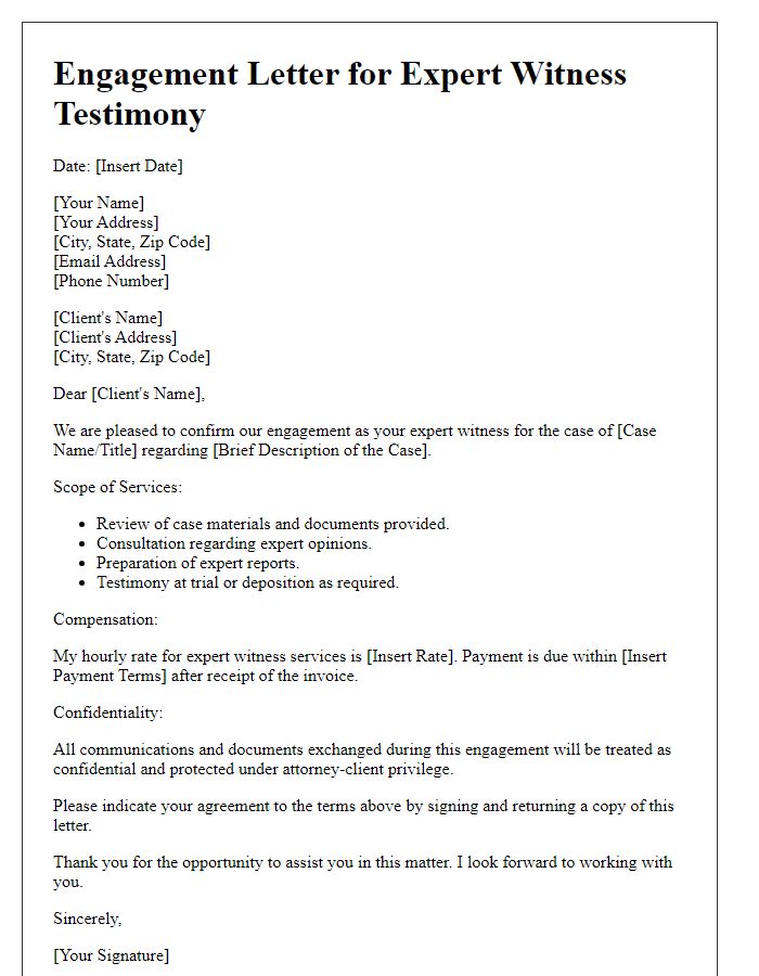 Letter template of Engagement Letter for Expert Witness Testimony