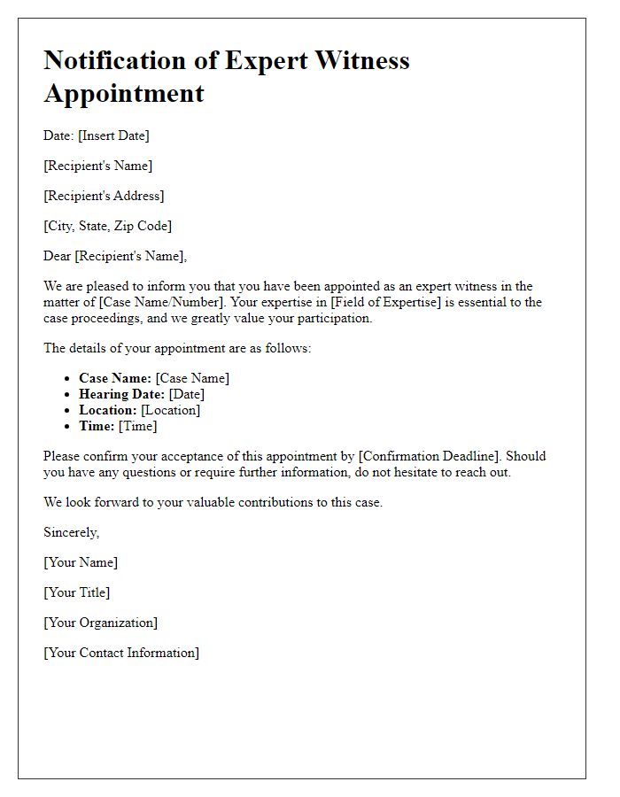 Letter template of Notification for Expert Witness Appointment