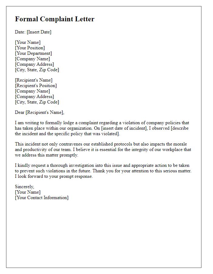 Letter template of formal complaint about violation of company policies.