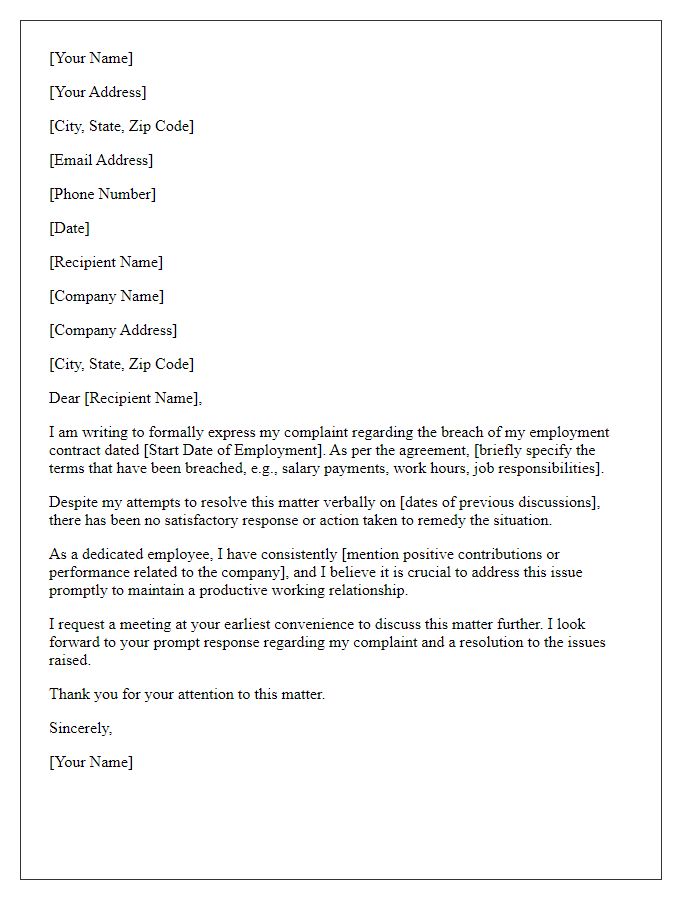 Letter template of formal complaint concerning breach of employment contract.