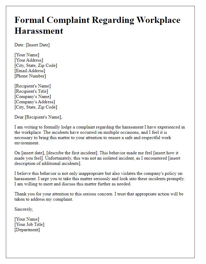 Letter template of formal complaint regarding workplace harassment.