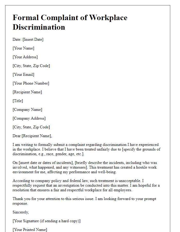 Letter template of formal complaint related to discrimination in the workplace.