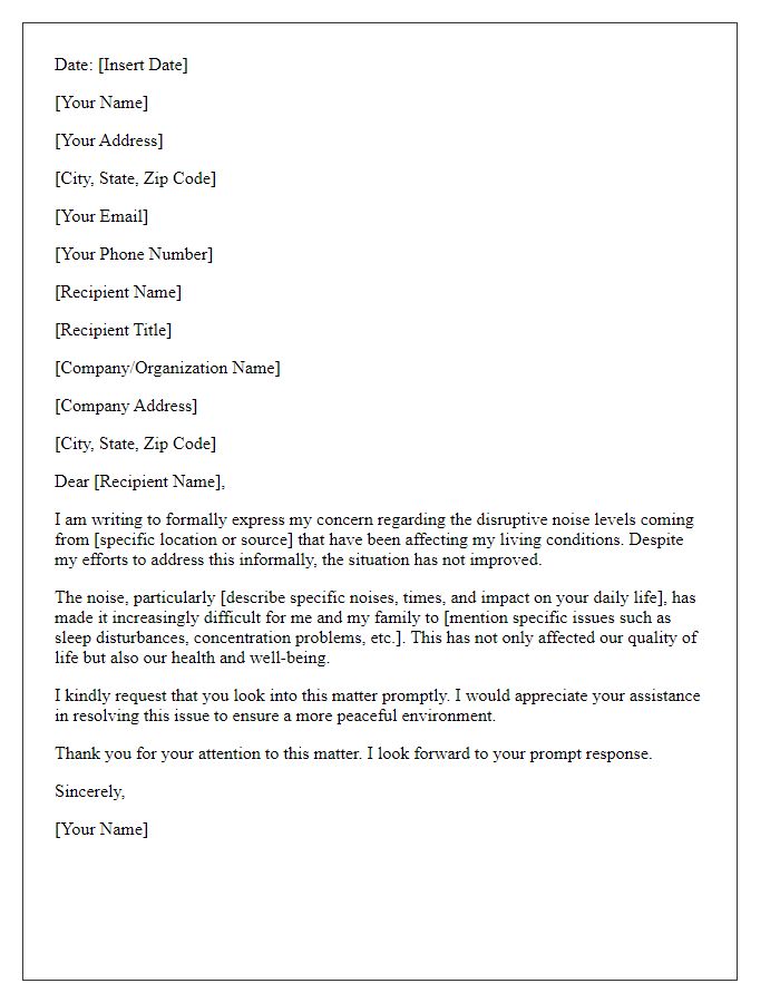 Letter template of formal complaint due to disruptive noise levels.