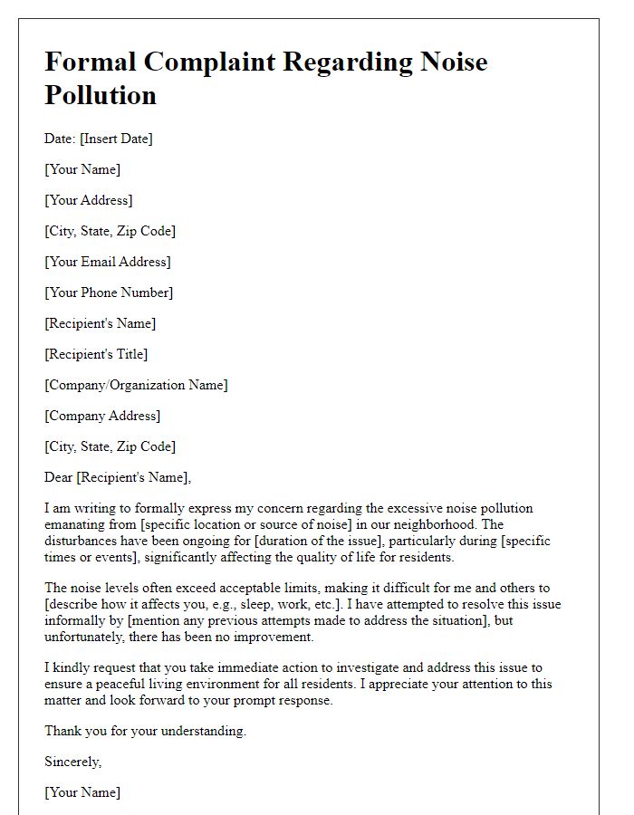 Letter template of formal complaint regarding noise pollution.