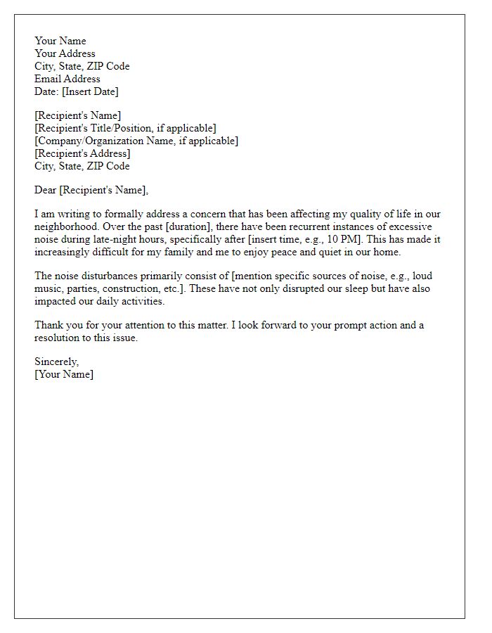 Letter template of formal complaint related to late-night noise complaints.