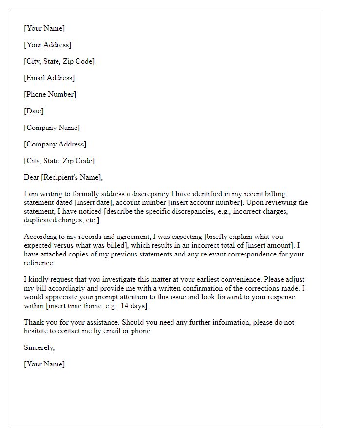 Letter template of formal complaint about billing discrepancies.