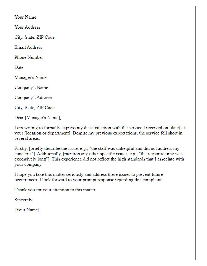 Letter template of formal complaint about unsatisfactory service experience.