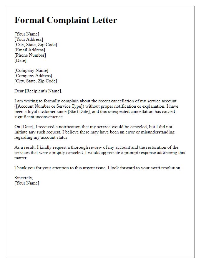 Letter template of formal complaint addressing service cancellation issues.