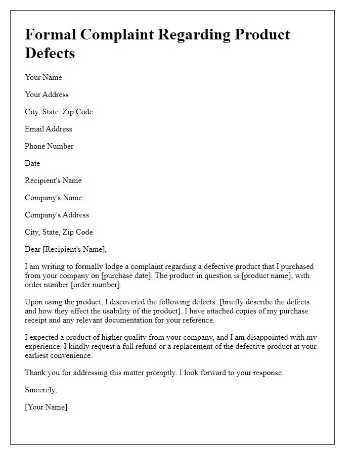 Letter template of formal complaint concerning product defects.