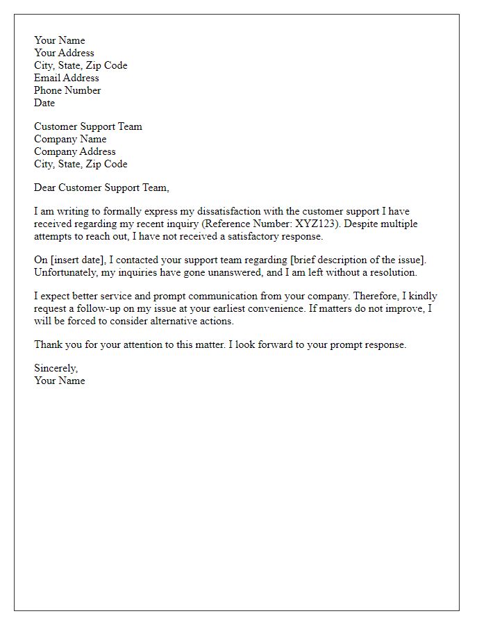 Letter template of formal complaint over unresponsive customer support.