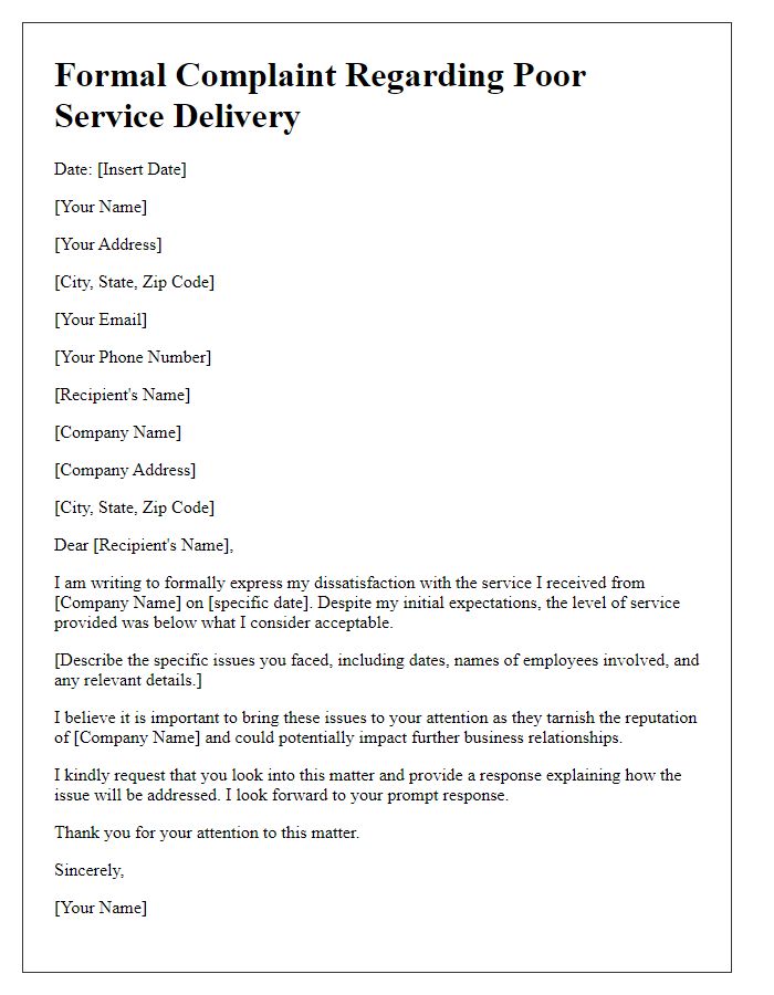 Letter template of formal complaint regarding poor service delivery.