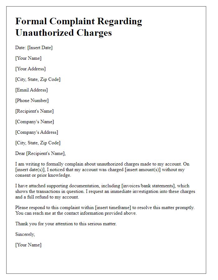 Letter template of formal complaint regarding unauthorized charges.