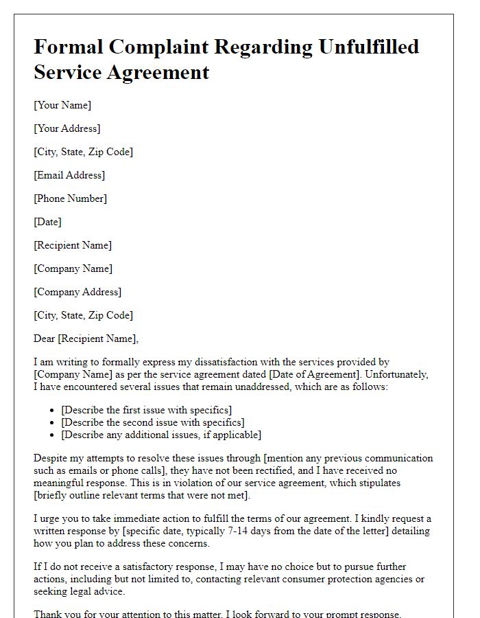 Letter template of formal complaint relating to unfulfilled service agreements.