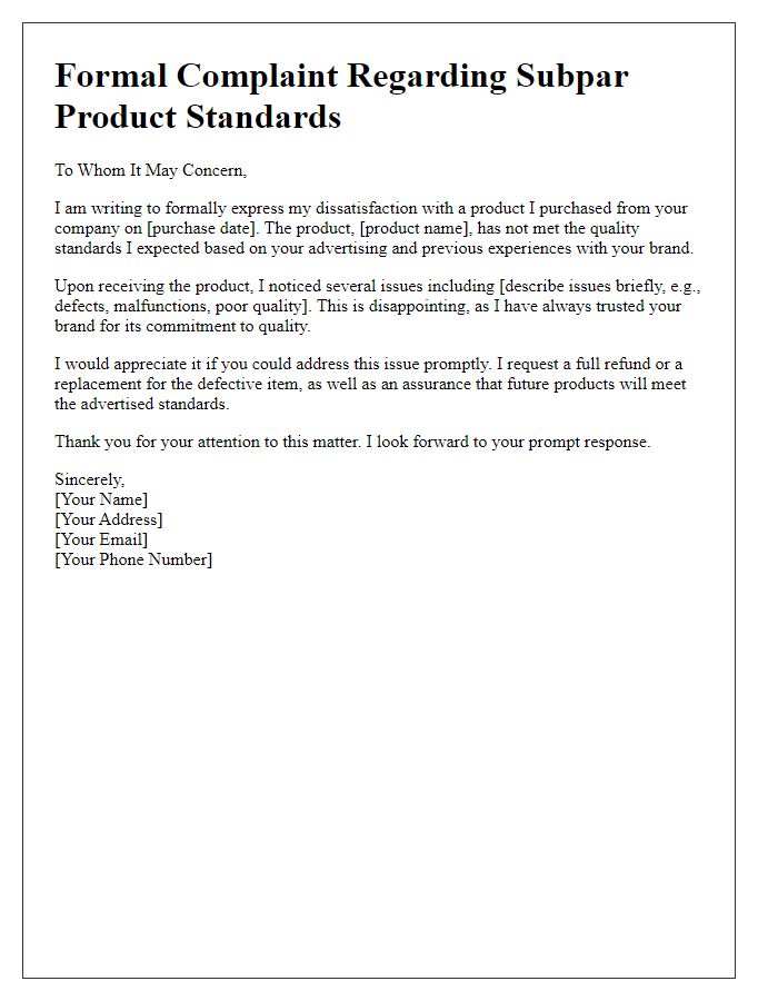 Letter template of formal complaint about subpar product standards