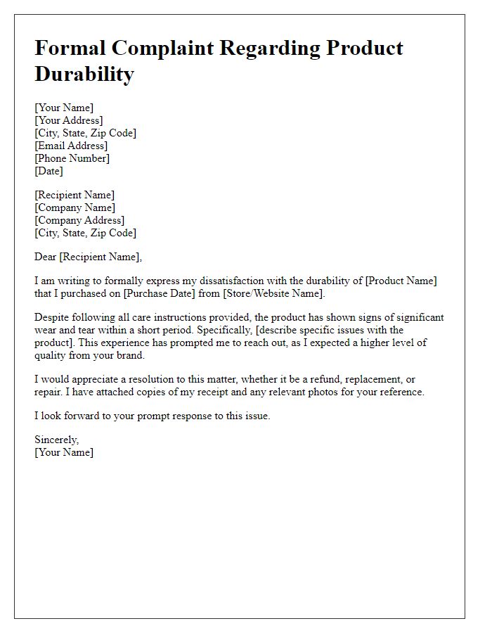 Letter template of formal complaint addressing poor product durability