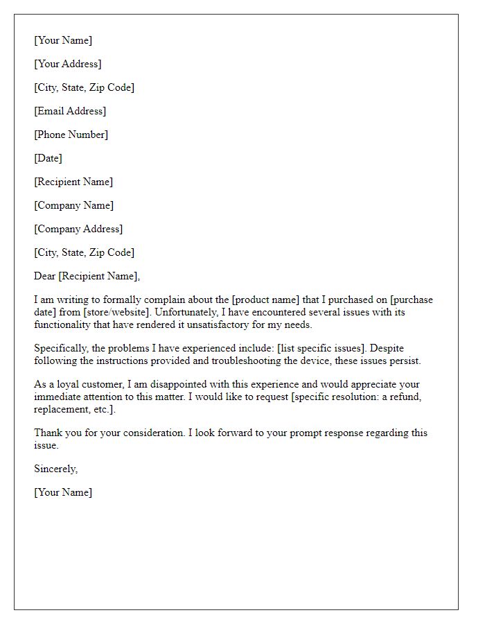 Letter template of formal complaint pertaining to unsatisfactory product functionality