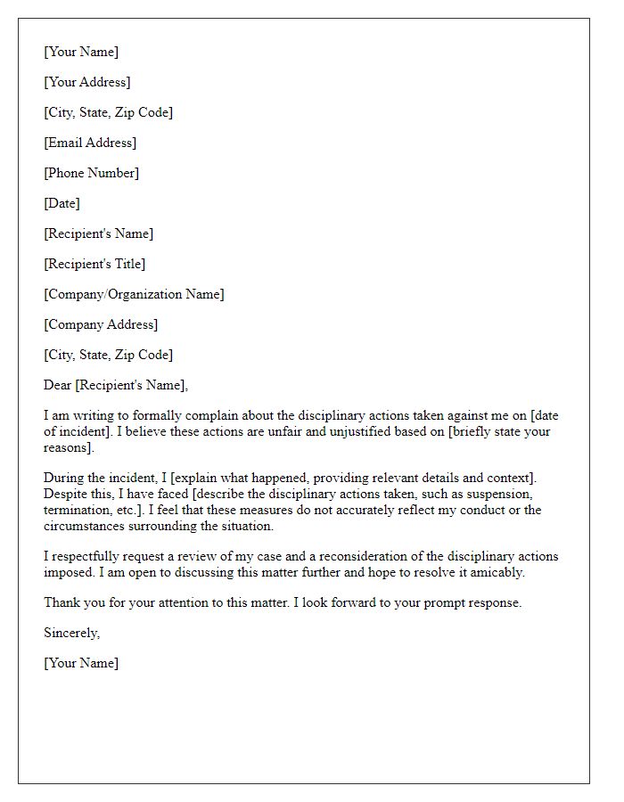 Letter template of formal complaint about unfair disciplinary actions.